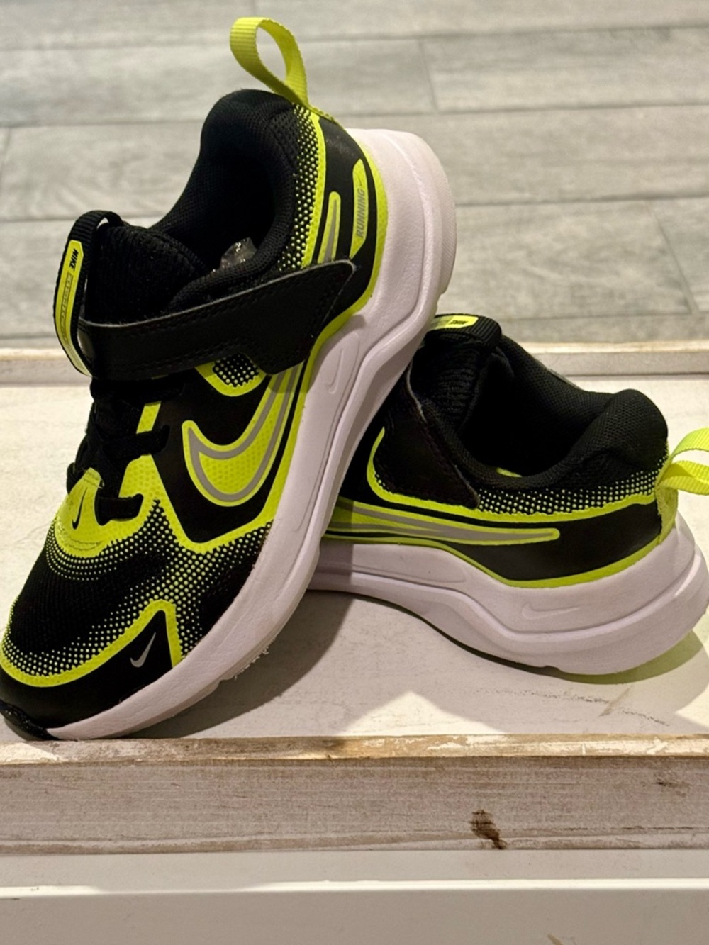 Nike Kids Black and Neon Yellow Velcro Sneakers
